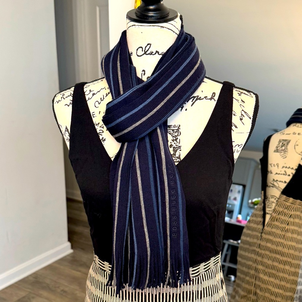 Hugo Boss Dark Blue and Gray Striped Scarf